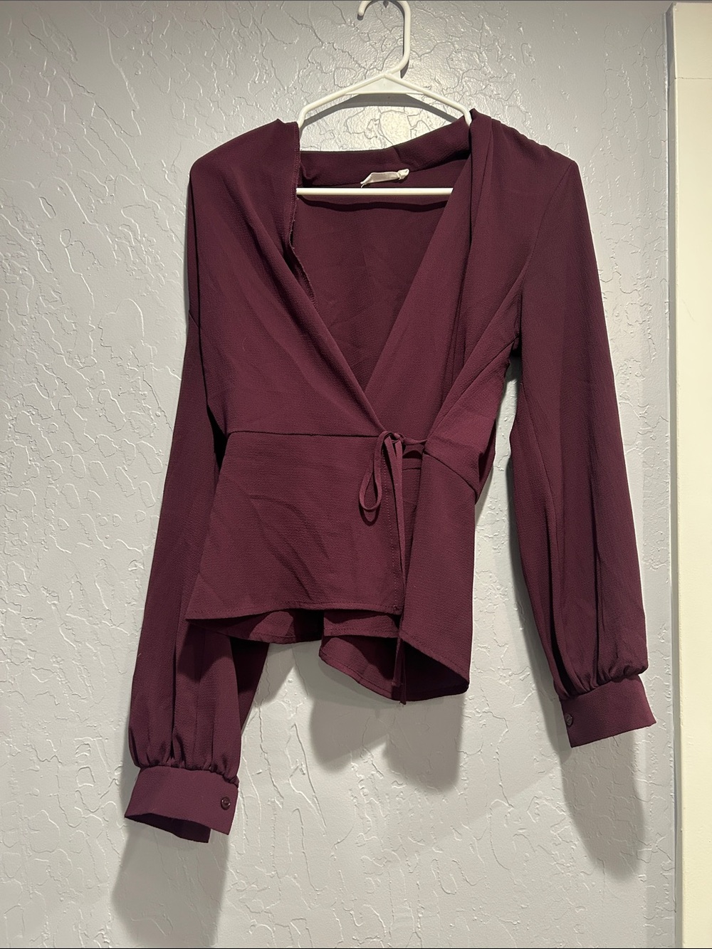 Lush Deep Plum Wrap Blouse with Tie Waist